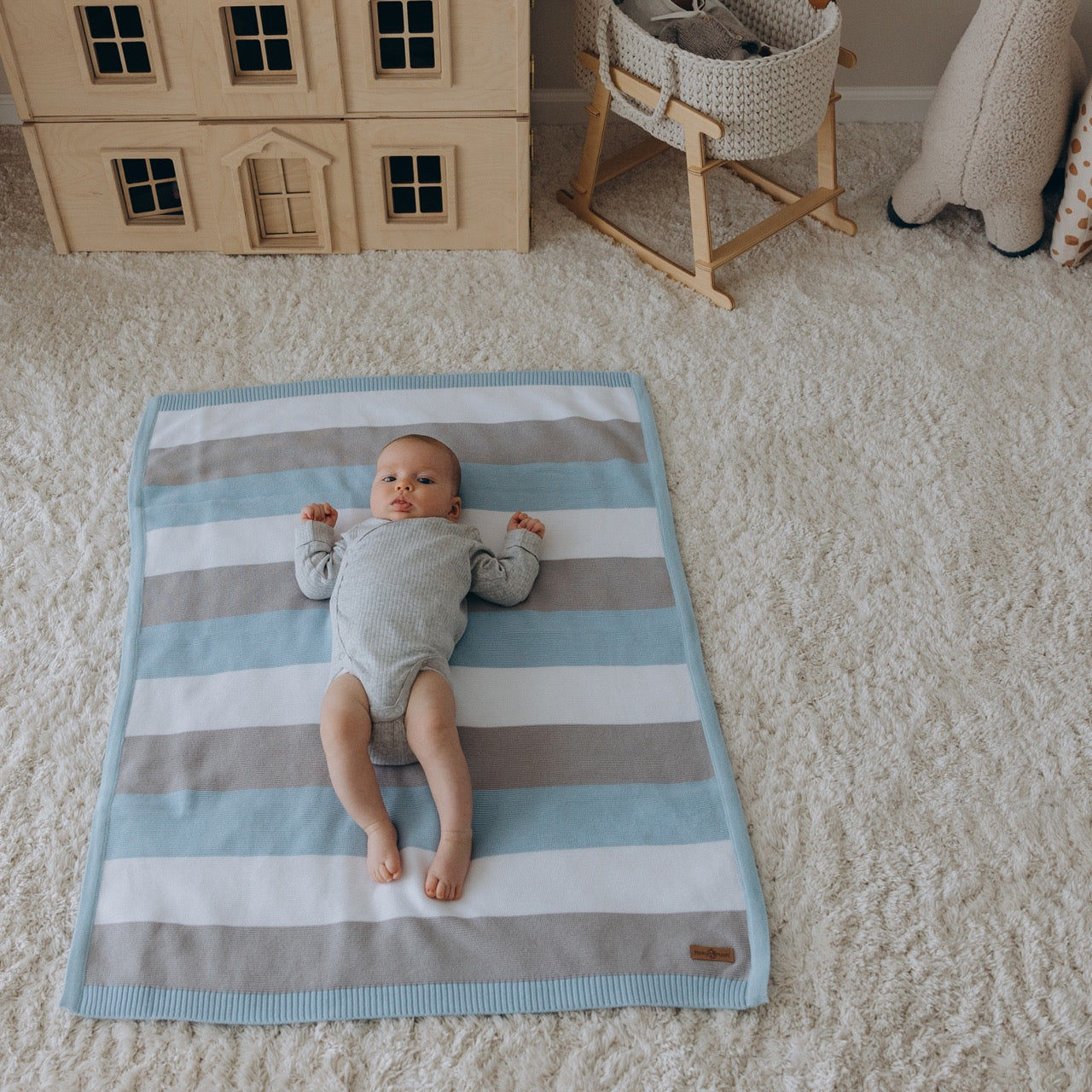 Babydecke Bio Baumwolle gestreift - Blau - Minky Mooh