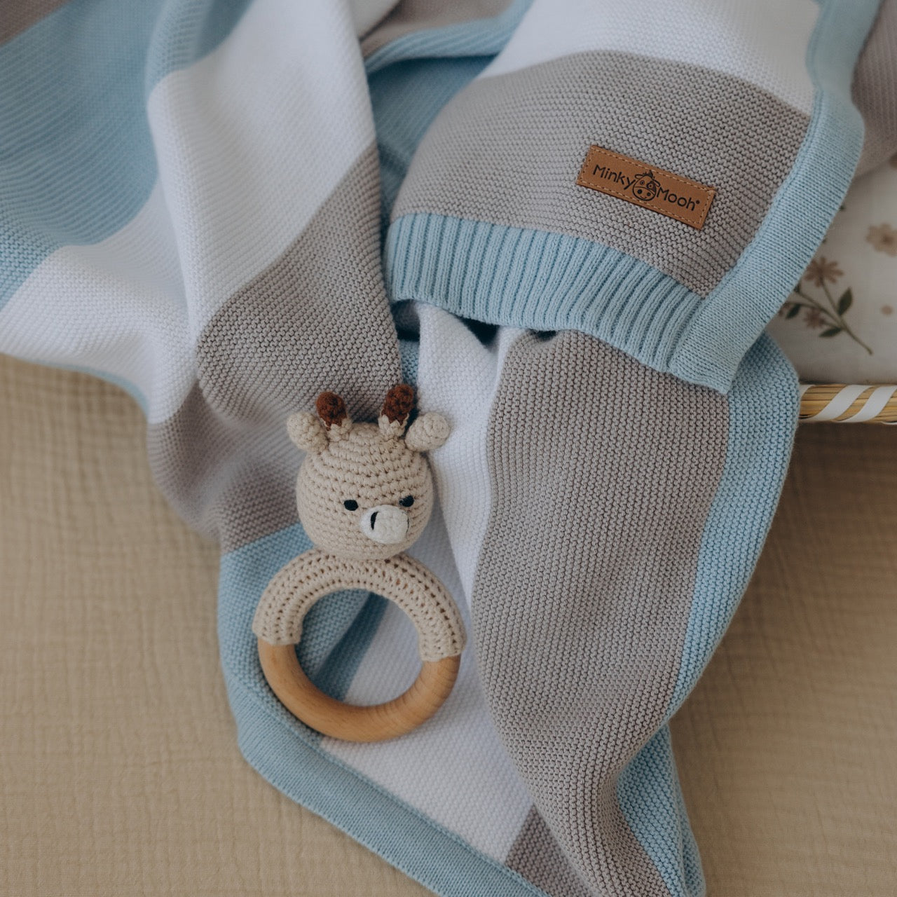 Babydecke Bio Baumwolle gestreift - Blau - Minky Mooh