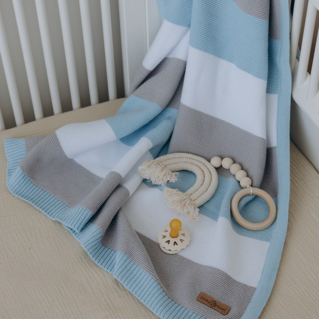 Babydecke Bio Baumwolle gestreift - Blau - Minky Mooh