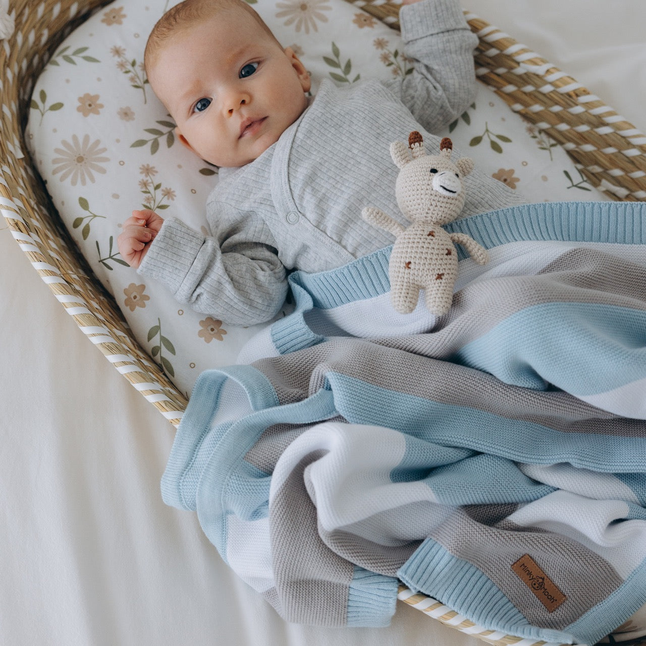 Babydecke Bio Baumwolle gestreift - Blau - Minky Mooh
