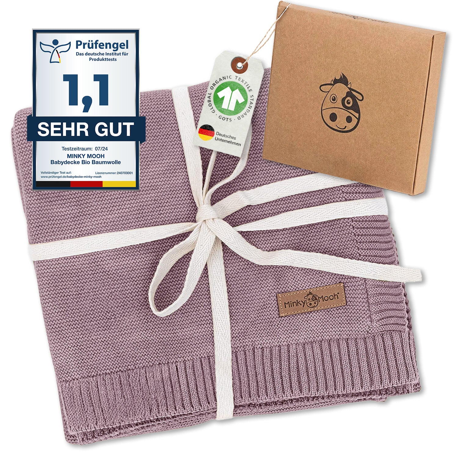 Hochwertige Babydecke aus Bio-Baumwolle in Altrosa, umweltfreundlich verpackt mit GOTS-Zertifizierung und Prüfengel-Auszeichnung, ideal als Geschenk für Neugeborene