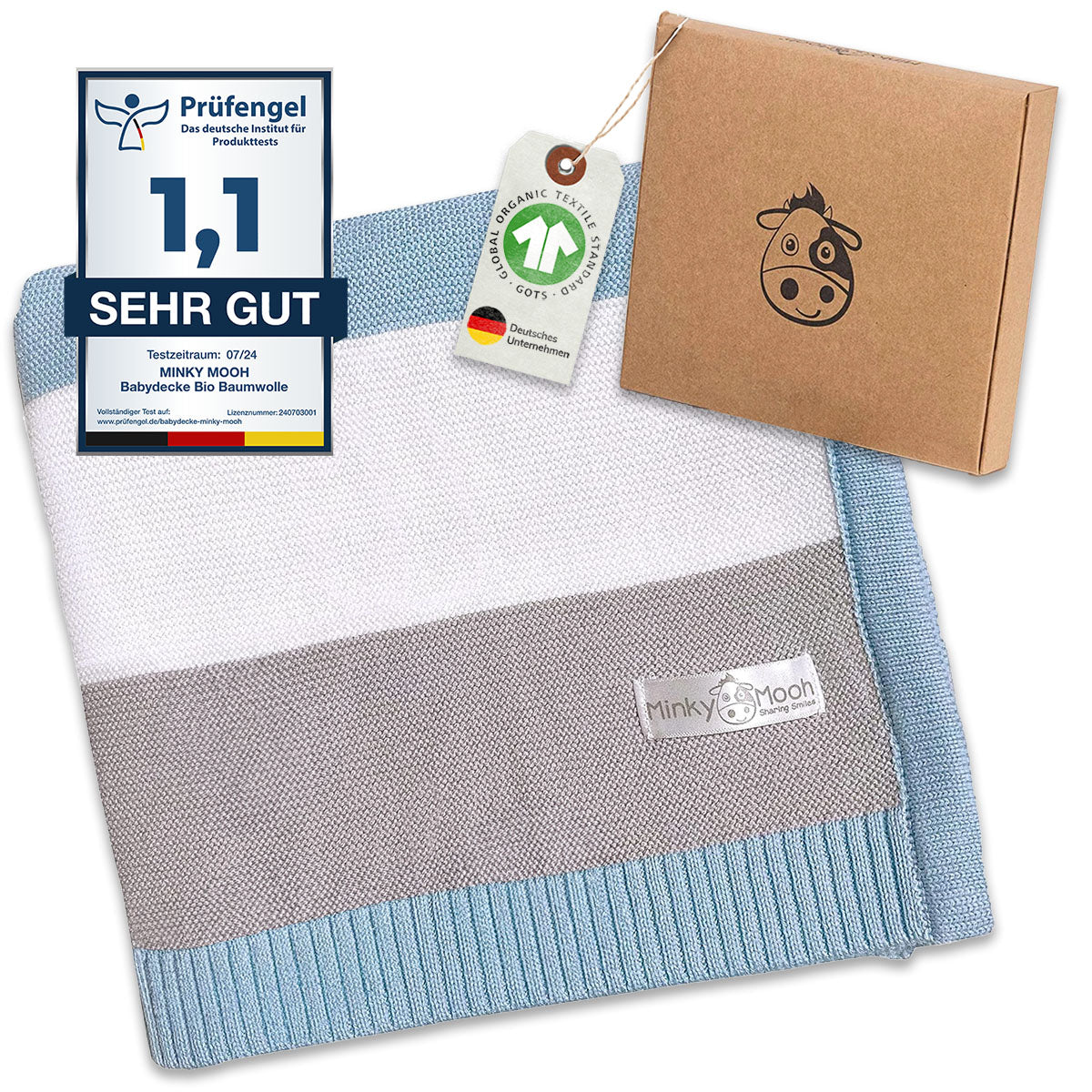 Babydecke Bio Baumwolle gestreift - Blau - Minky Mooh