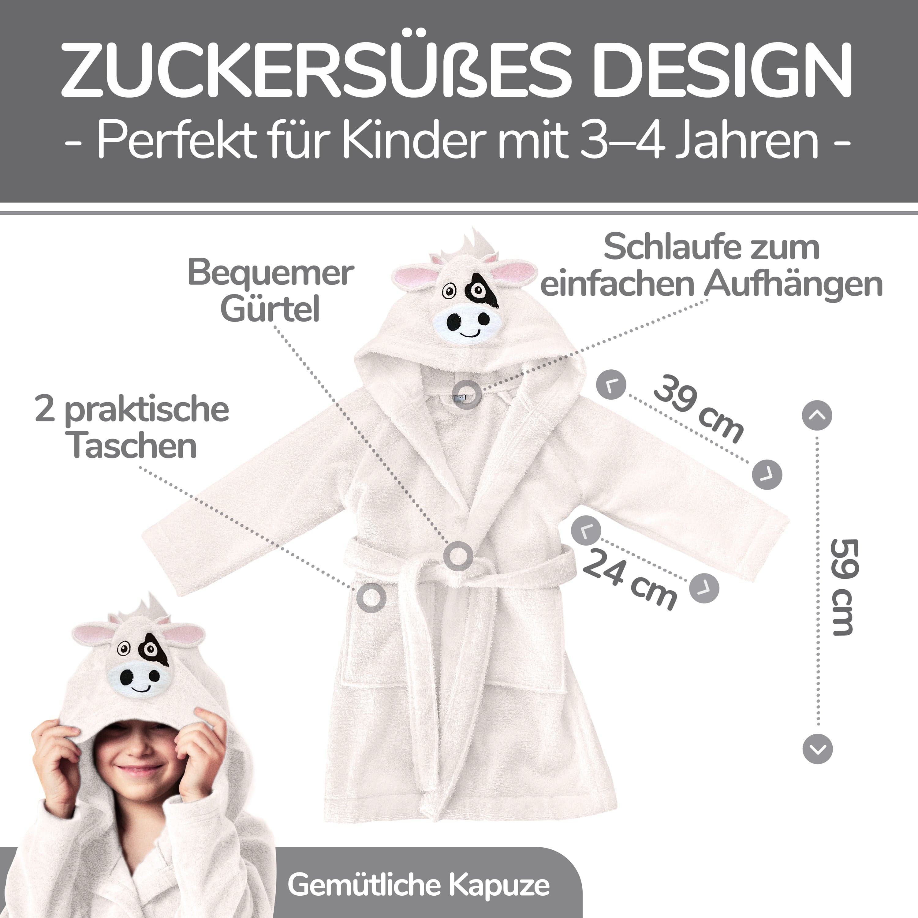 Minky Mooh Baby & Kleinkind Frottee Kinderbademantel mit süßer Kapuze für Jungs und Mädchen 31302