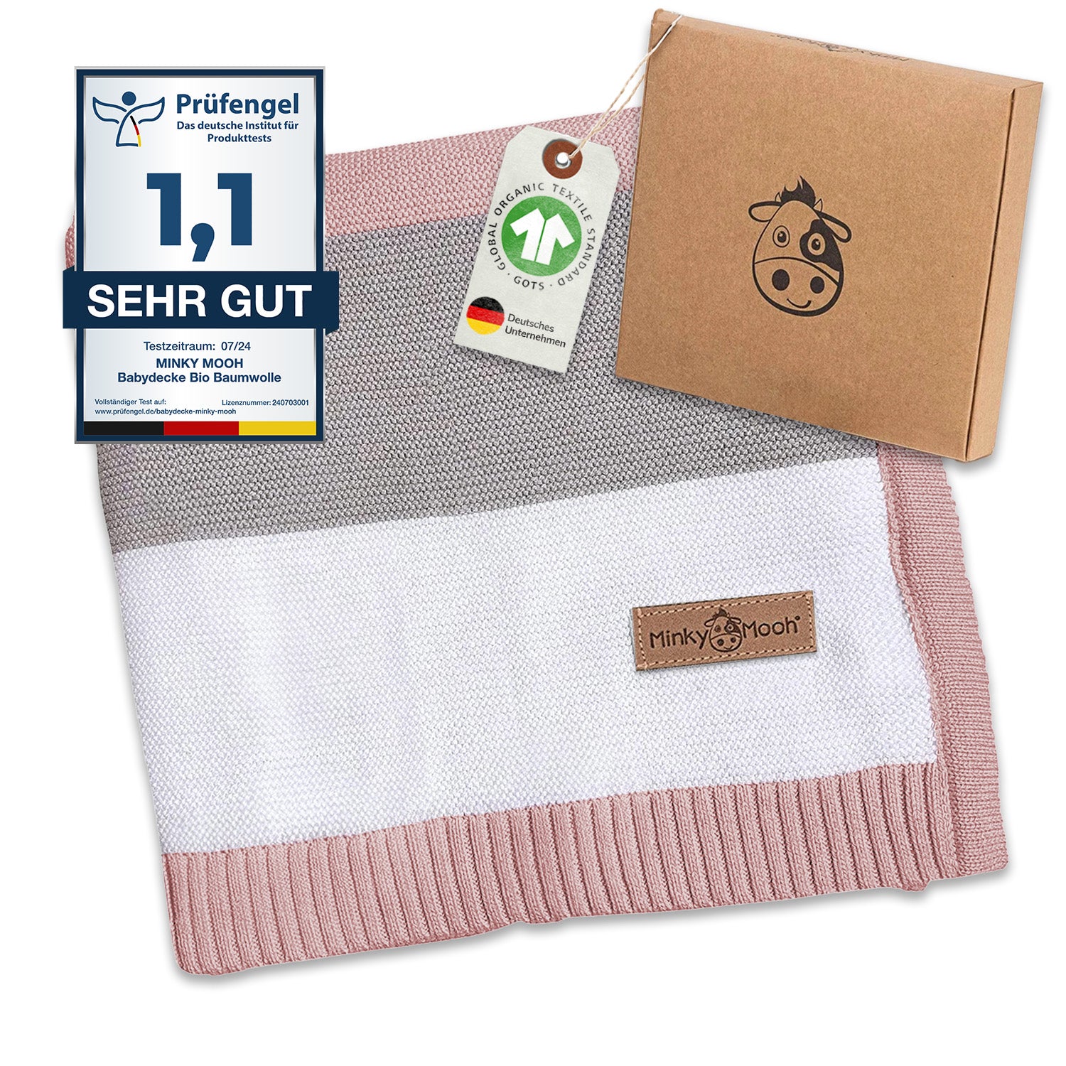 Babydecke Bio Baumwolle gestreift, Puder