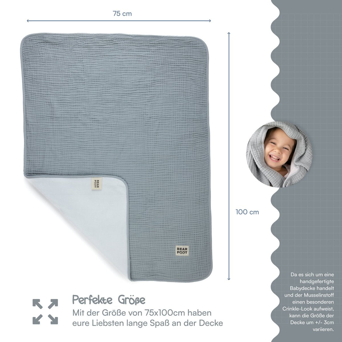 Babydecke Musselin Fleecedecke flauschig weich - grau - Minky Mooh